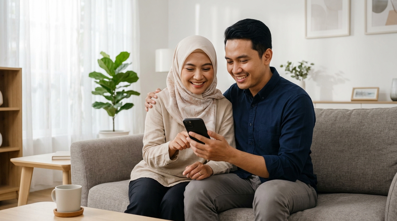 Pasangan muda mengelola keuangan keluarga bersama di aplikasi SakuBerdua